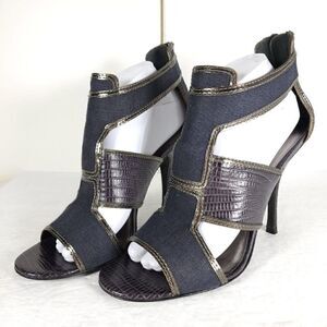 Tory Burch Women's US 10M Blue Canvas Leather Animal Print Cut-Out Heeled Sandal